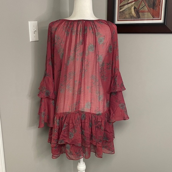 Free People Sunsette Boho Flowy Ruffle dress size Small Red Floral Sheer - Picture 3 of 4